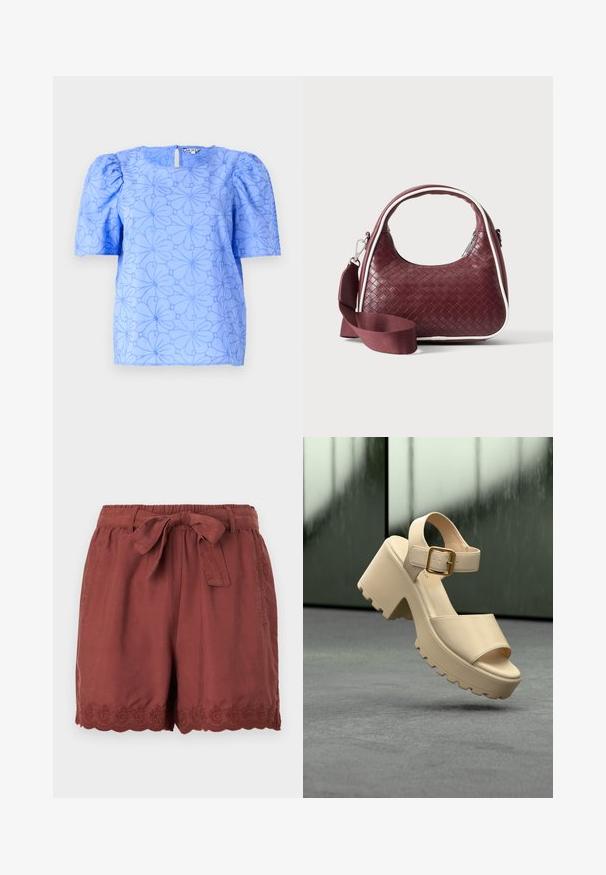 Lys blå bluse med puffede ærmer, struktureret blomster mønster og firkantet udskæring; har en nøglehulskæring bagpå.; Rustrøde shorts lavet af letvægtsstof, med en elastisk talje og snøring samt detaljeret bølget broderi ved kanten.; Beige platform-sandal med kraftig sål, åben tå, ankelrem og guldfarvet spænde, svævende over grå betongulv.; Mørkerød vævet lædertaske med buet hank, hvid kant, sølv lynlås og aftagelig bred stofskulderrem mod en ensfarvet baggrund.