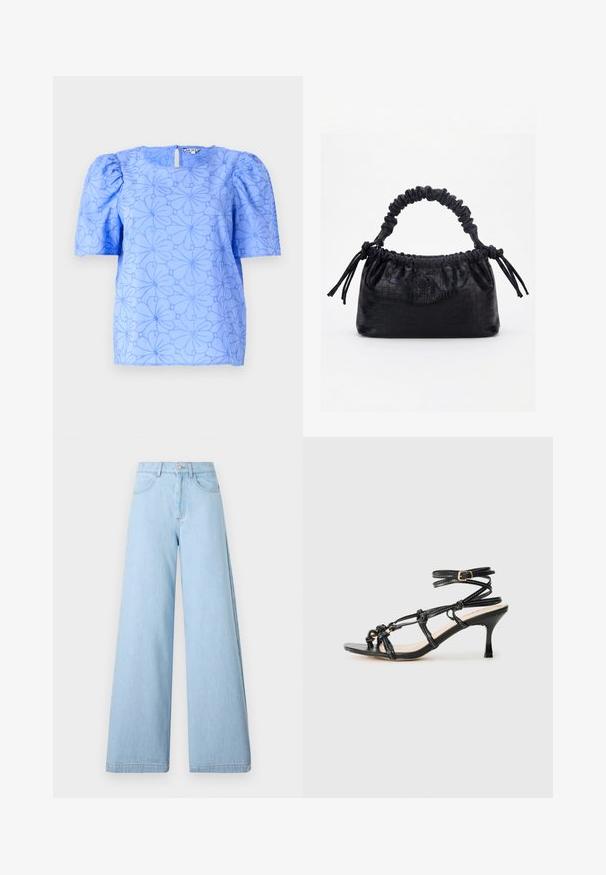 Hellbluse mit Puffärmeln, strukturiertem Blumenmuster und quadratischem Ausschnitt; besitzt einen Schlüssel-Loch-Ausschnitt auf der Rückseite.; Hellblaue weit geschnittene Jeans aus Denim, mit hoher Taille, Fronttaschen und sauberen Säumen mit minimalem Nähdetail.; Schwarze Lackleder-Sandale mit hohen Absätzen und Riemchen-Design, verstellbarem Knöchelriemen und geknoteten Details. Glatte Textur, spitze Zehen.; Schwarze Handtasche mit Krokodilstruktur, gerafftem oberen Rand, zusammengezogenem Griff und Zugkordeln mit Quasten an jeder Seite vor weißem Hintergrund.
