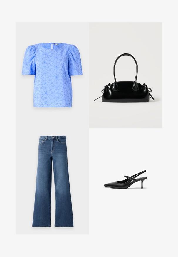 Blusa azul claro con mangas abullonadas, patrón floral texturizado y escote cuadrado; cuenta con un corte en forma de agujero en la espalda.; Pantalones vaqueros de denim azul de pierna ancha con una cinturilla estándar, bolsillos delanteros y una textura suave. Sin patrones visibles ni adornos.; Zapatos de tacón slingback de cuero negro con punta afilada, correa ajustable delgada y un tacón de aguja de aproximadamente 5 cm, textura suave.; Pequeño bolso negro brillante con dos asas largas y detalles de cordón lateral sobre un fondo claro liso.