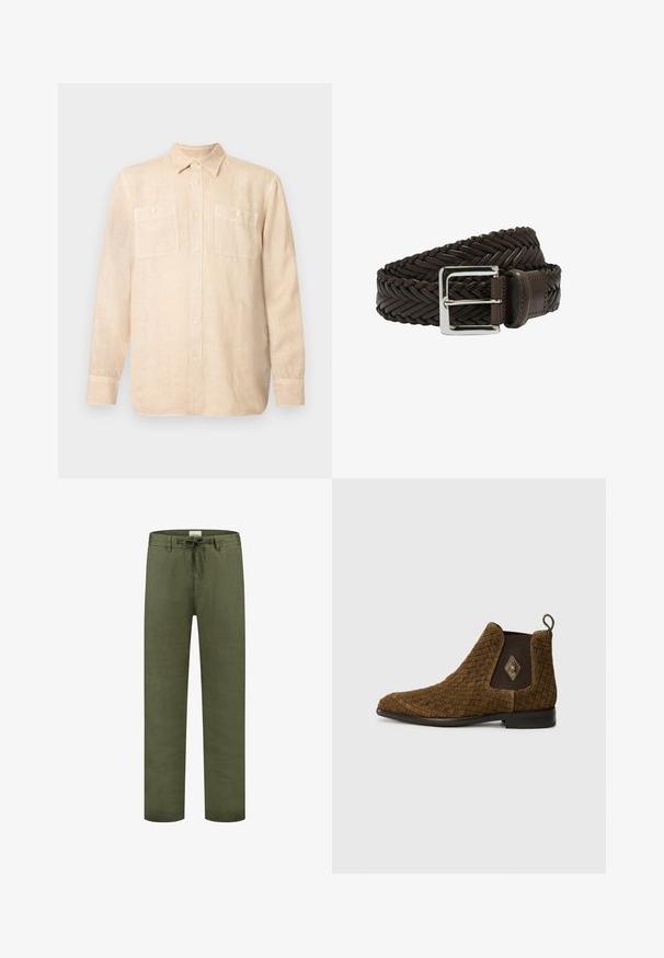 Beige Leinen-Langarmhemd mit einem Button-Down-Kragen, zwei Brusttaschen und vorderen Knöpfen. Weiche Textur mit leichtem Tragegefühl.; Olivengrüne Leinenhose mit Kordelzugbund, geraden Beinen und dezentem Textur. Keine Taschen, sauberes Design ohne Verzierungen.; Braune gewebte Knöchelstiefel mit spitzem Fuß, elastischen Seitenpaneelen und einer Schlaufe auf der Rückseite. Verfügt über einen Diamantakzent auf der Außenseite.; Brauner geflochtener Leder Gürtel mit einer silbernen rechteckigen Schnalle und einem glatten Lederabschnitt nahe der Schnalle. Strukturierte Fischgrätenmuster.