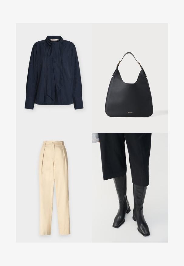 Marineblaue Bluse mit strukturierter, gerippter Optik, einem umgeklappten Kragen mit Bindeband und langen Ärmeln mit geknöpften Manschetten.; Beige maßgeschneiderte Hosen mit hoher Taille, featuring vorderen Falten, einem einzelnen Knopfverschluss und schmal zulaufenden Beinen. Hergestellt aus einem glatten Stoff.; Schwarze Lederstiefel bis zum Knie mit quadratem Zehen und Blockabsatz. Mit einem seitlichen Reißverschluss und glatter Textur.; Schwarze Schultertasche aus genarbtem Leder mit einem Trageriemen und dezentem goldenen Michael Kors Logo vorne vor einfachem hellem Hintergrund.
