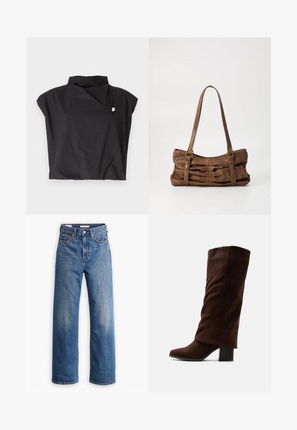 Sort kortærmet top med høj krave, asymmetrisk design og en sidelukning prydet med en sølvaccent. Let, tekstureret stof.; Lyseblå denimjeans med høj talje, bred benstil, klassisk fem-lomme design og subtil falmning på stoffet.; Høj brun ruskindsstøvle med rundet tå og blokhæl, vist i sideprofil mod en ensfarvet baggrund.; Even&Odd Håndtasker - brown