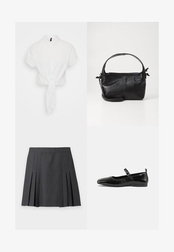 Hvid cropped skjorte med korte ærmer, knaplukning foran og en bundet knude i taljen. Fremstillet af et glat, let stof.; ONLY ONLMARION PLEAT SKIRT - Mini skirts - dark grey melange; Sorte patentlæder flade sko med spidse tæer, en ankelrem med spænde og en glat, blank tekstur. Lav hæl for komfort.; Sort læderhåndtaske med et struktureret design, rund tophåndtag og aftagelig skulderrem. Den har en glat tekstur og en subtil glans.
