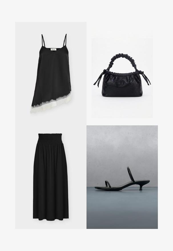 Robe en satin noire sans manches avec fines bretelles et ourlet asymétrique orné de dentelle blanche.; Jupe maxi noire avec large ceinture élastique smockée et tissu fluide sous la taille.; Sandale à talon Calvin Klein noire avec des lanières fines, posée sur des carreaux en bois en plein air près d'un mur et de la verdure.; Sac à main noir avec texture crocodile, bord supérieur froncé, poignée plissée et pompons à cordon de chaque côté sur fond blanc.