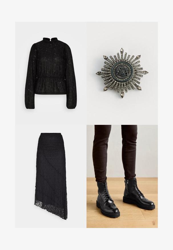 PIECES Tall PCJANESSA - Pikkade varrukatega topp - black; ONLY ONLKIM SLIT - Maksiseelik - black; Mustad musta nahast ankle-kingad, millel on brogue detailid, nööpidega esiosa, külgrihmad ja tekstureeritud kummitaldad. Kombineeritud tumedate kitsaste pükstega.; Tähtekujuline brošš hõbedatootes koos selgete lillekividega. Keskne disain sisaldab ringikujulist embleemi koos keerukate detailidega.