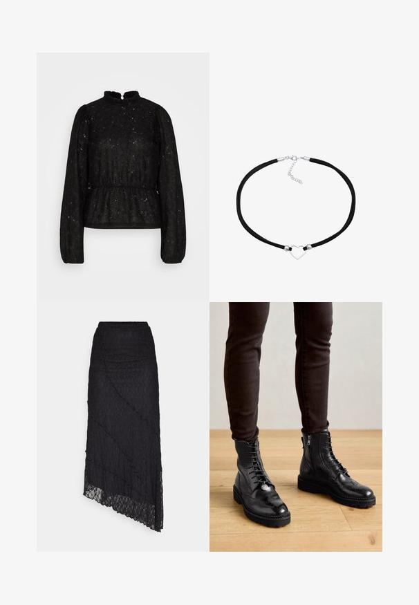 PIECES Tall PCJANESSA - Top s dlhým rukávom - black; ONLY ONLKIM SLIT - Maxisukňa - black; Čierne kožené členkové topánky s brogue detailmi, s viazaním vpredu, bočnými zipsami a štruktúrovanými gumovými podrážkami. Kombinované s tmavými úzkymi nohavicami.; Čierny falošný semišový náhrdelník s strieborným srdiečkom v strede, s okrúhlymi kovovými akcentmi a sponou s predlžovacím reťazcom.