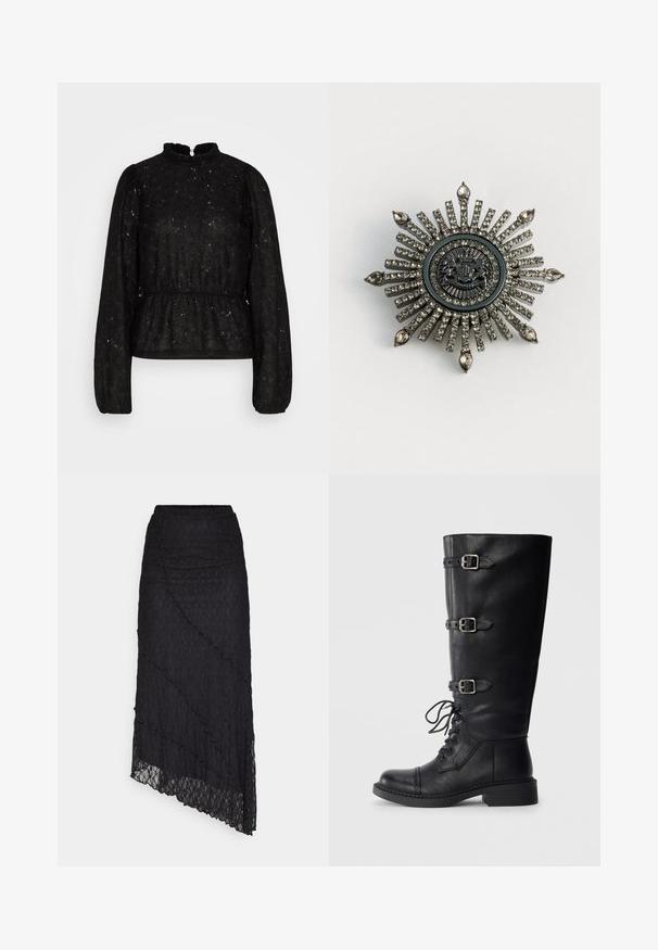 PIECES Tall PCJANESSA - Langarmshirt - black; ONLY ONLKIM SLIT - Maxirock - black; Schwarze Lederstiefel bis zum Knie mit Schnürung an der Vorderseite, drei Schnallenakzenten, runder Zehenform und niedrigem Blockabsatz. Glatte Textur mit matter Oberfläche.; Sternförmige Brosche aus silberfarbenem Metall mit klaren Strasssteinen. Das zentrale Design zeigt ein kreisförmiges Emblem mit filigranen Details.