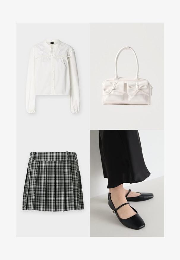 Hvid bluse med lange ærmer, forreste knapper og broderet blomsterblonde-detalje på øvre bryst og skuldre.; Sort-hvidt ternet plisseret nederdel med en glat talje og flere lodrette folder. Fremstillet af let stof.; Sorte flade sko med firkantet tådesign, lavet af glat læder, med et enkelt bånd over foden, med en lille dekorativ detalje.; Hvid syntetisk håndtaske med to forlommer, hver med en bundet sløjfedetalje. Glat tekstur, afrundede håndtag og lynlås lukning.