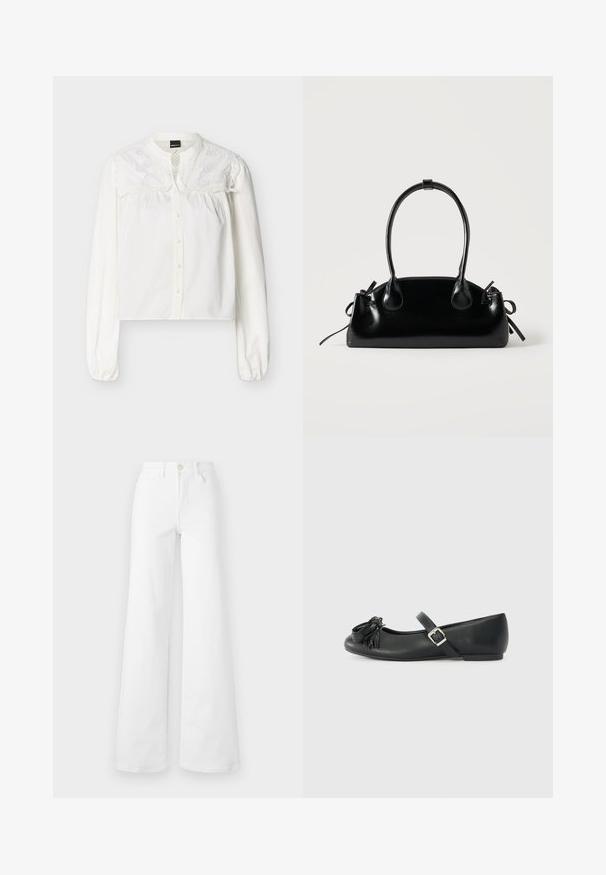 Blusa blanca de manga larga con botones delanteros y detalle de encaje floral bordado en la parte superior del pecho y los hombros.; Jeans ancho blancos en tela de mezclilla con una cintura alta, que cuentan con bolsillos frontales, trabillas para cinturón y un cierre de botón. Textura suave, sin patrones.; Bailarina negra de cuero con punta redondeada, que presenta un detalle decorativo de flecos y una correa con hebilla en el lateral. Diseño minimalista y textura suave.; Pequeño bolso negro brillante con dos asas largas y detalles de cordón lateral sobre un fondo claro liso.