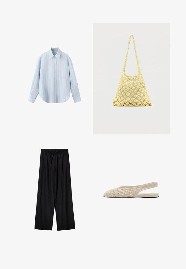 Chemise bleu clair à manches longues avec fines rayures verticales et col classique, présentée sur fond blanc.; Pantalon ample noir à taille élastique avec cordon de serrage devant, fabriqué en tissu léger.; Chaussure slingback plate beige avec dessus tissé et bout pointu, dotée d'un talon ouvert et d'une semelle fine.; Sac en filet macramé jaune avec longue bandoulière et pochette beige à l'intérieur, présenté sur un fond blanc uni.