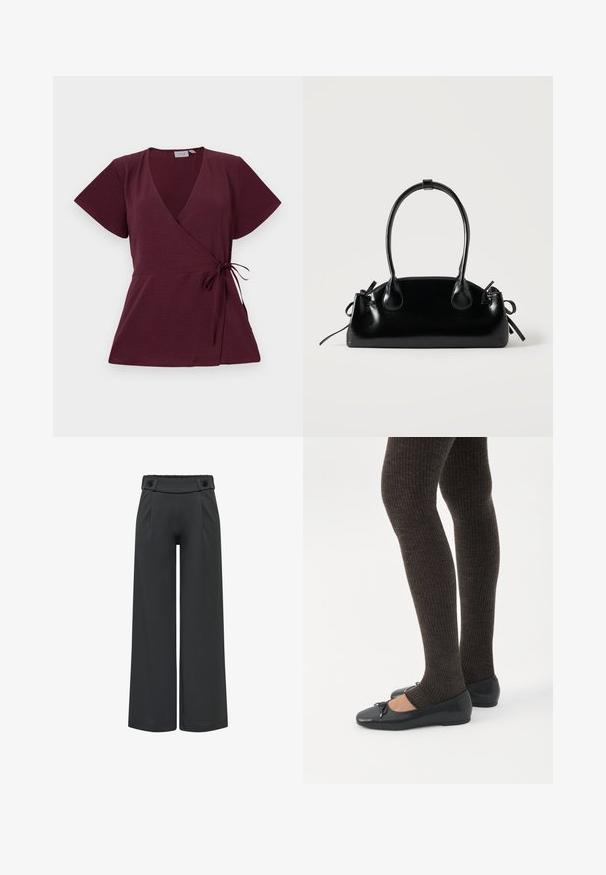 Burgundy indpakningsbluse med korte ærmer, V-udskæring, bindebånd i taljen og struktureret stof. Enkel og alsidig design.; Sorte bukser med vide ben, høj talje og knapdetaljer på taljen, frontsøm og lige kant.; Ben iført mørke ribbede leggings kombineret med sorte balletsko med små sløjfedetaljer på hvid baggrund.; Lille sort blank håndtaske med to lange håndtag og snøre-detaljer i siden på en ensfarvet lys baggrund.
