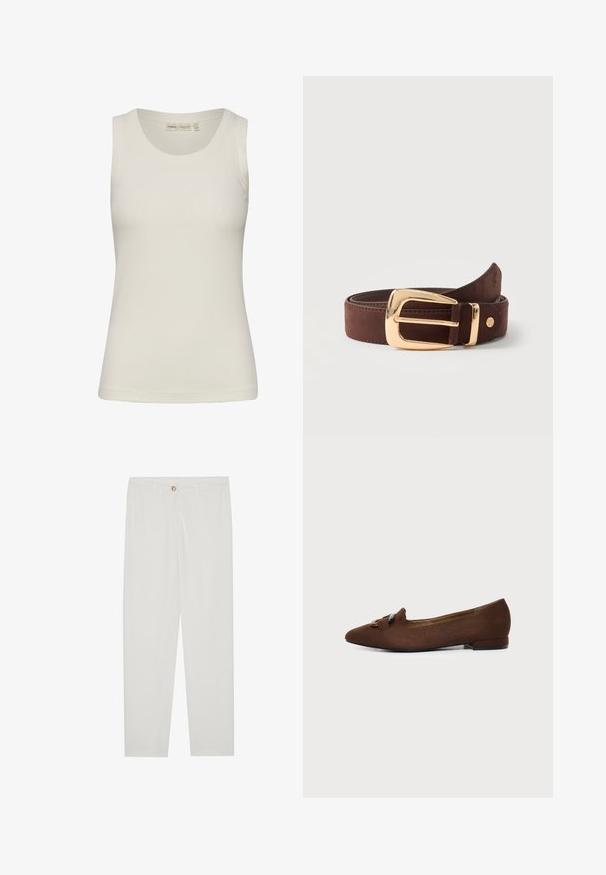 Camiseta sin mangas de canalé blanca con escote redondo. Textura suave y forma ajustada, adecuada para llevar en capas.; Pantalones blancos, ajustados, con un diseño de pierna recta, que cuentan con un cierre de botón, lazos para cinturón y bolsillos laterales; textura de tela suave.; Zapato plano marrón con puntera puntiaguda y detalle decorativo de hebilla en la parte superior, sobre un fondo claro y liso.; Cinturón de cuero marrón enrollado con una hebilla rectangular dorada brillante y un pequeño logo metálico redondo cerca de la punta.