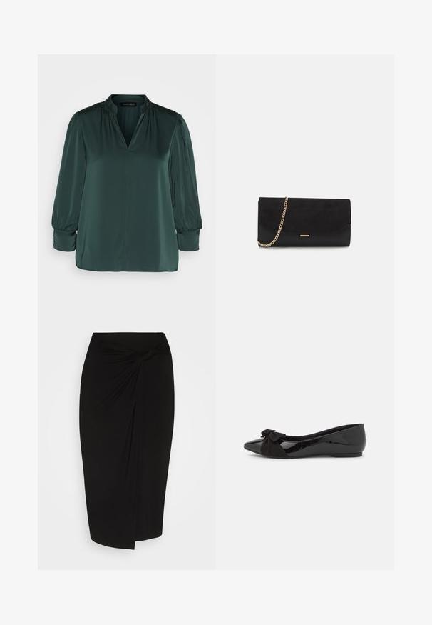 Donkergroen blouse van gladde stof, met een V-hals, geplooide schouders en lange mouwen met elastische manchetten. Rechte zoomontwerp.; Zwarte knie-lange rok van een zachte, rekbare stof, met een gedraaide knoopdetail op de taille en een slank, aansluitend silhouet.; Zwarte balletflat met een glanzende lakafwerking en een contrasterende zwarte suède strikaccent op de neus. Platte zool. Minimalistisch design.; Zwarte clutch tas gemaakt van suede met een textuurafwerking, voorzien van een gouden schouderband en een strakke, hoekige vorm.