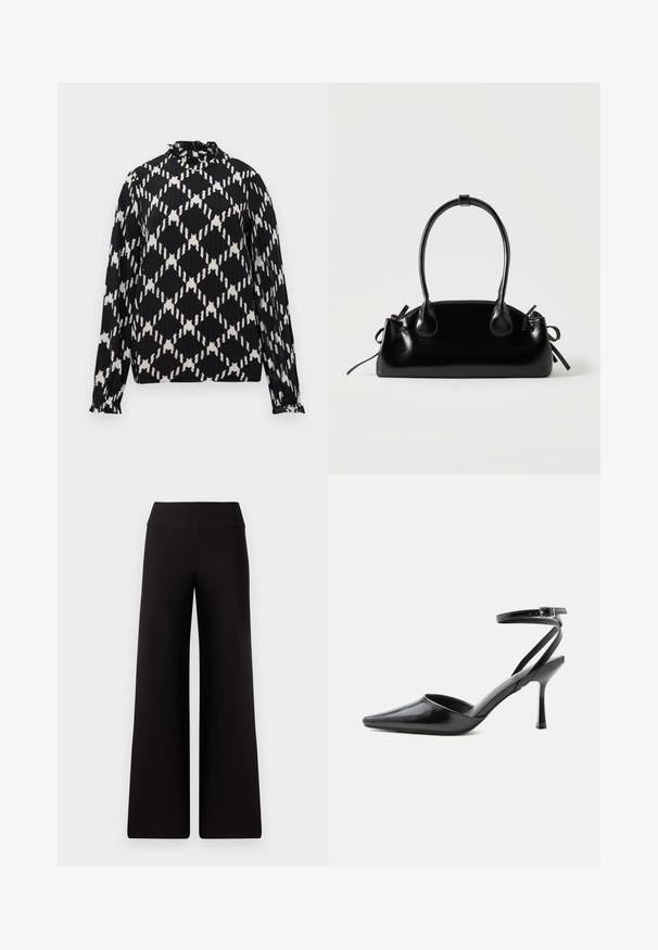 Blouse noire à manches longues avec col montant et motif abstrait en forme de diamant blanc, poignets à volants et légère texture.; Pantalons larges noirs avec une taille lisse, fabriqués dans un matériau doux. Présentent une coupe ample et des détails de couture minimaux.; Escarpin noir à bout pointu avec fines brides de cheville et fermeture à boucle argentée sur fond clair uni.; Petit sac à main noir brillant avec deux longues anses et des détails à cordon sur les côtés sur un fond clair uni.