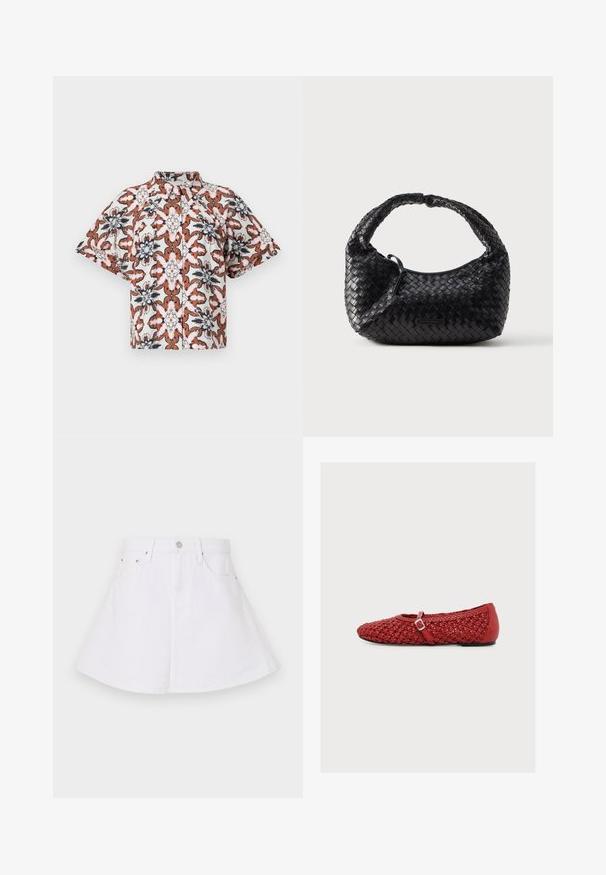 Chemise à manches courtes, boutonnée, de couleur blanche avec un motif floral dans des nuances de rouille, marine et rose. Dispose d'un col mandarin et d'une coupe décontractée.; Jupe en denim blanc au design évasé, avec une taille ajustée, cinq poches et une fermeture à bouton à l'avant. Texture lisse.; Chaussure plate tissée rouge avec une petite sangle à boucle et un talon lisse, présentée sur un fond clair uni.; Sac à main noir tissé de forme arrondie, finition texturée et poignée incurvée. Présente un logo discret en accent sur le devant.