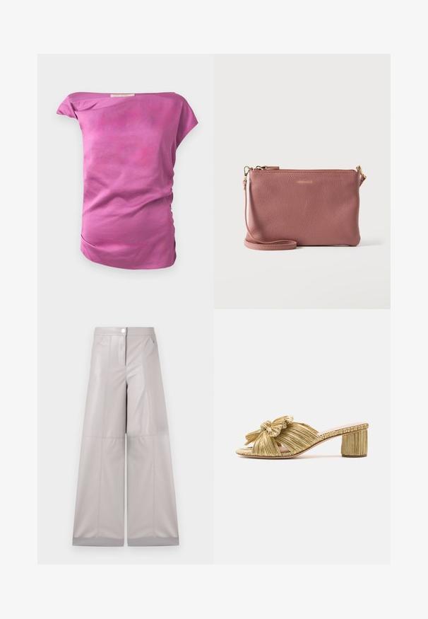 Top ajusté, décolleté décalé en tissu léger rose pâle avec une texture lisse. Présente un léger fronce sur un côté et un ourlet courbé.; Pantalons large en simili cuir gris clair, avec une fermeture à bouton sur le devant, deux poches latérales et des coutures pour plus de texture.; Sandale à glissière plissée dorée avec un détail de nœud, bout ouvert et un talon bloc texturé. Présente une semelle plate et un intérieur lisse.; Petit sac bandoulière en cuir mauve texturé avec fermeture éclair dorée et boucles de sangle, nom de la marque embossé centré sur le devant.