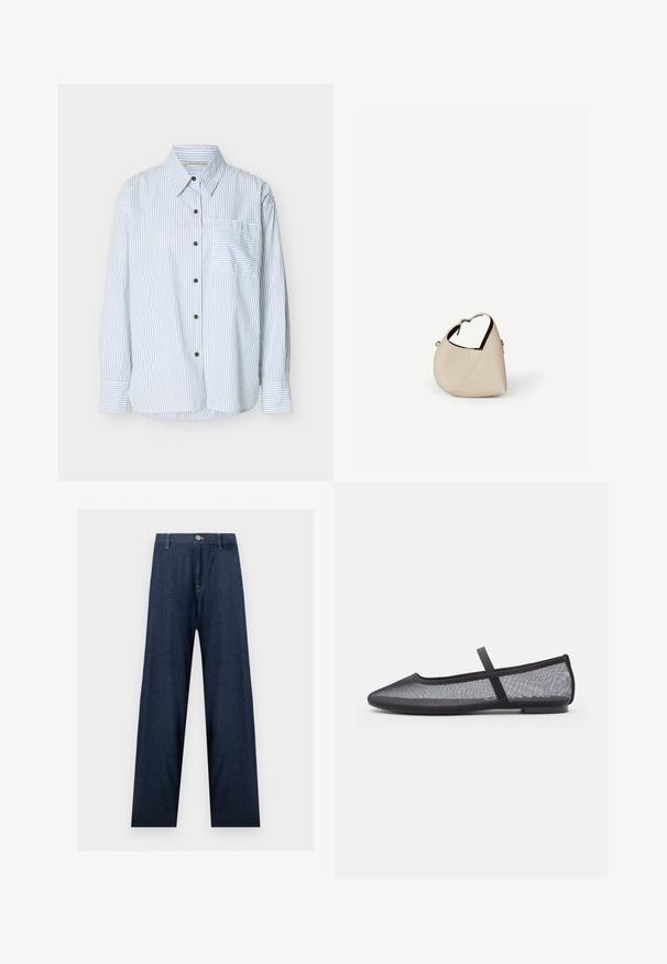 Chemise boutonnée à manches longues avec des rayures verticales bleues, une poche avant gauche à rayures horizontales et des boutons marron.; Jean en denim bleu foncé à jambes larges avec fermeture par bouton et fermeture éclair, passants de ceinture et coutures visibles sur les poches et les coutures.; Ballerines en maille noire avec un bout pointu, dotées d'une fine bride sur le cou-de-pied et d'une semelle en caoutchouc plate. Design léger et respirant.; Sac à main en cuir beige en forme de croissant avec une seule bandoulière et des coutures minimalistes, posé sur un fond blanc uni.