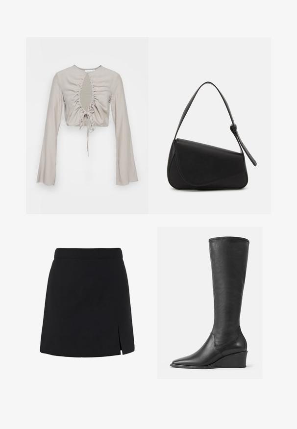 Weekday CASSIE BLOUSE - Blúzka - mole; Čierna mini sukňa áčkového strihu s vysokým pásom a malým rozparkom vpredu na pravej strane.; Čierne kožené čižmy po kolená s hladkým povrchom, špicatou špičkou a klinovým podpätkom; na vrchu majú prešitou hranu.; Čierna kožená kabelka s trojuholníkovým tvarom, šikmým klopou a zaoblenou rukoväťou. Má hladkú textúru a minimalistické dizajnové detaily.