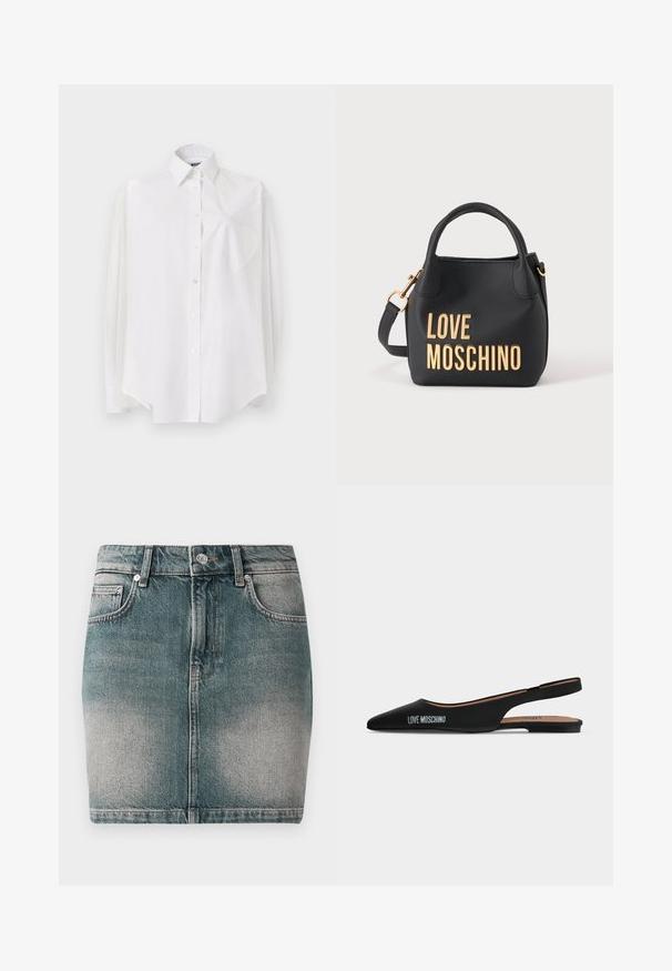 Witte blouse met lange mouwen van lichtgewicht stof, voorzien van een klassieke kraag, knoopsluiting en een hartvormig zakje aan de linkerkant.; Blauwe denim mini-rok met een voorknop en rits, twee voorzakken en vervaagde details op de dijen.; Zwarte puntige slingback platte schoen met lage hak en "LOVE MOSCHINO"-logo aan de zijkant tegen een effen lichte achtergrond.; Zwarte Moschino-handtas met gouden letters, korte handvatten en een afneembare schouderriem op een effen lichte achtergrond.