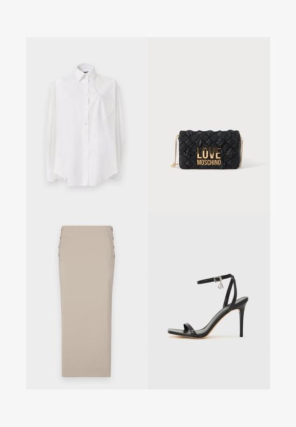 Camisa blanca de manga larga en tejido ligero que presenta un cuello clásico, cierre de botones y un bolsillo en forma de corazón en el lado izquierdo.; Falda lápiz beige hecha de una tela suave, con botones laterales, una silueta estilizada y sin bolsillos ni patrones visibles.; Sandalia de tacón alto negra con una estrecha correa en el tobillo, punta cuadrada, material de cuero liso y detalle de hebilla metálica.; Bolso bandolera negro acolchado con correa de cadena dorada y gran logo dorado "LOVE MOSCHINO" en el frente.