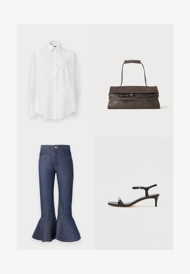 Witte blouse met lange mouwen van lichtgewicht stof, voorzien van een klassieke kraag, knoopsluiting en een hartvormig zakje aan de linkerkant.; Donkerblauwe denim flared jeans met een gerimpelde zoom, vijf zakken en contrasterende oranje stiksels. Middenhoogte tailleband met een sluiting met een voorknop.; Zwarte leren sandaal met hak, enkelbandje, open neus, vierkante voorkant en zilverkleurige accenten. Gesloten ontwerp met een slank profiel.; Donkerbruine leren clutch met een enkele bovenhendel en een dunne omwikkelende riem met een kleine metalen gesp.