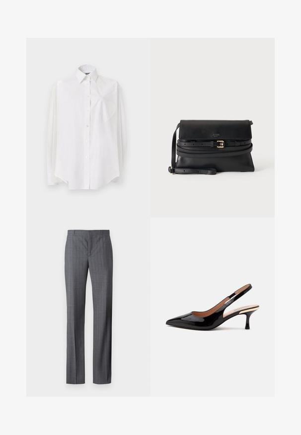 Chemise blanche à manches longues en tissu léger, dotée d'un col classique, d'une fermeture à boutons et d'une poche en forme de cœur sur le côté gauche.; Pantalons gris à rayures fines en tissu lisse, avec une coupe droite, un devant plat et sans poches ni embellissements visibles.; Escarpin slingback en cuir verni noir avec bout pointu et petit talon kitten sur fond blanc uni.; Sac bandoulière en cuir noir avec rabat, fine bandoulière ajustable et ceinture décorative avec boucle dorée à l'avant.