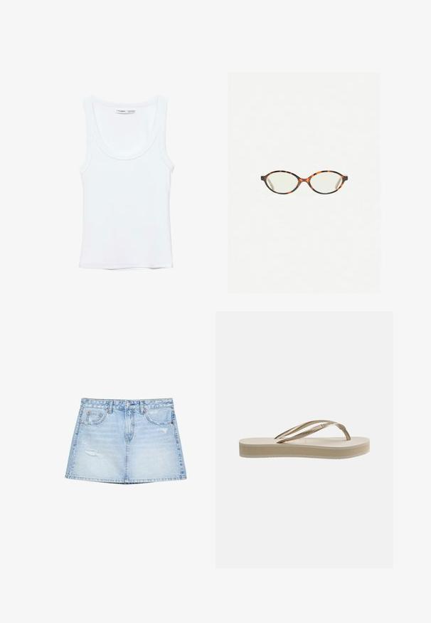 Débardeur blanc uni sans manches avec encolure arrondie, fabriqué en tissu doux, étiquette à l'intérieur du col indiquant la marque et la taille.; Jupe en denim bleu clair avec une coupe droite, des poches avant et des détails déchirés. Fermée par un bouton et une fermeture éclair.; Sandale tongs beige avec semelle texturée et bride en forme de Y métallique dorée sur fond blanc.; Lunettes en écaille de tortue avec des verres ovales et une finition lisse et élégante. Présente des branches fines avec une courbure subtile au niveau des tempes. Verres transparents.