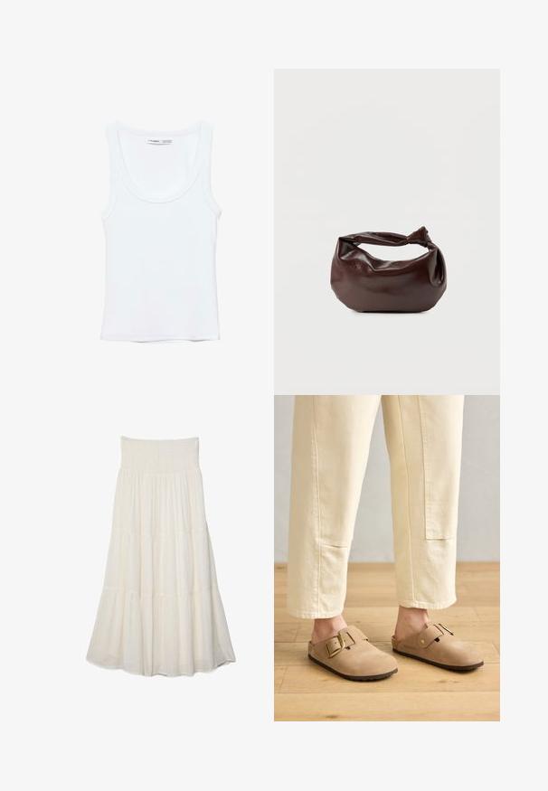 Débardeur blanc uni sans manches avec encolure arrondie, fabriqué en tissu doux, étiquette à l'intérieur du col indiquant la marque et la taille.; Longue jupe à volants couleur crème avec taille smockée et fines rayures verticales texturées.; Sabots en cuir suédé beige avec une large sangle et une boucle en or, surface texturée et semelle en caoutchouc marron ; portés avec un pantalon ivoire ample et fuselé.; Sac bandoulière en cuir marron foncé avec une forme souple et décontractée et une anse nouée torsadée sur un fond blanc uni.