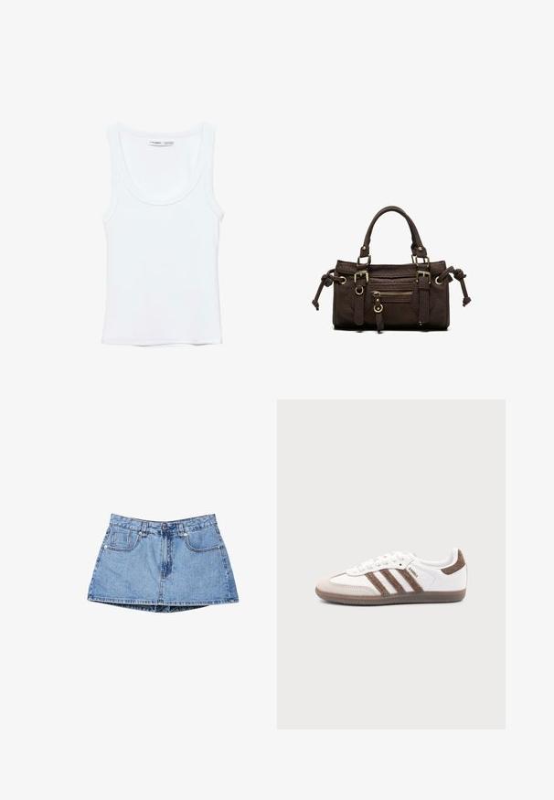Débardeur blanc uni sans manches avec encolure arrondie, fabriqué en tissu doux, étiquette à l'intérieur du col indiquant la marque et la taille.; Mini-jupe en jean bleu avec boutons à l'avant, fermeture éclair, passants pour ceinture et deux poches avant sur fond blanc.; Baskets Adidas Samba blanches avec des bandes en daim marron, semelle en caoutchouc marron et bout en daim beige, vues du côté extérieur sur un fond uni.; Sac à main en cuir marron foncé avec double poignée, poche avant zippée, boucles décoratives et nœuds latéraux sur fond blanc.