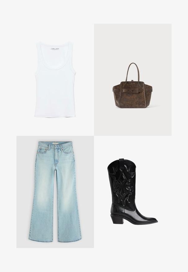Débardeur blanc uni sans manches avec encolure arrondie, fabriqué en tissu doux, étiquette à l'intérieur du col indiquant la marque et la taille.; Jean en denim bleu clair taille haute avec fermeture bouton et zip, poches avant et arrière, et jambes larges évasées.; Botte de cowboy en cuir noir avec des motifs décoratifs brodés, bout pointu, talon incliné de hauteur intermédiaire et lanière de tirage en haut de la tige.; Sac à main en cuir texturé marron foncé avec deux poignées, poche avant à rabat et compartiments latéraux zippés sur un fond clair uni.