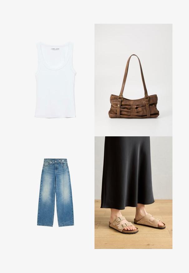 Effen witte mouwloze tanktop met ronde hals, gemaakt van zachte stof, met een label aan de binnenkant van de kraag dat merk en maat aangeeft.; Wijd uitlopende blauwe spijkerbroek met een vervaagde voorkant, voorzakken en een unieke diagonale knoopsluiting aan de tailleband.; Lichtbruine suède sandalen met twee verstelbare gespbandjes, kurken voetbed en rubberen zool, gecombineerd met een zwarte maxi-jurk.; Even&Odd by Zalando Handtas - brown