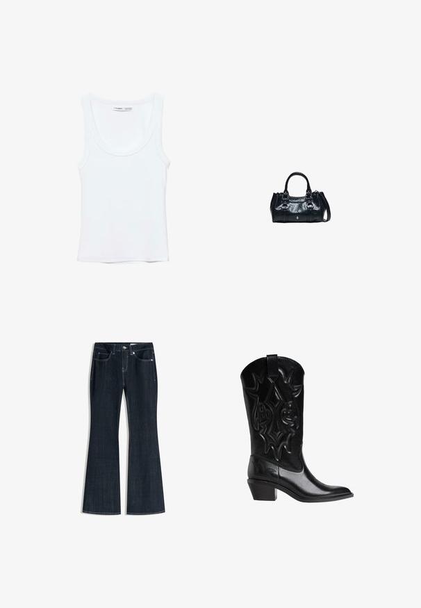 Hvid, ærmeløs top med rund halsudskæring, lavet af blødt stof. Mærkat indeni kraven viser mærke og størrelsesoplysninger.; Mørkeblå denimjeans med høj talje, forlommer, knap- og lynlåslukning samt vide ben.; Sort læder cowboystøvle med stikninger af dekorative mønstre, spids tå, mellemhøj skrå hæl og trækstrop på toppen af skaftet.; Sort læderhåndtaske med to top håndtag, dekorative spænder og en aftagelig skulderrem på hvid baggrund.
