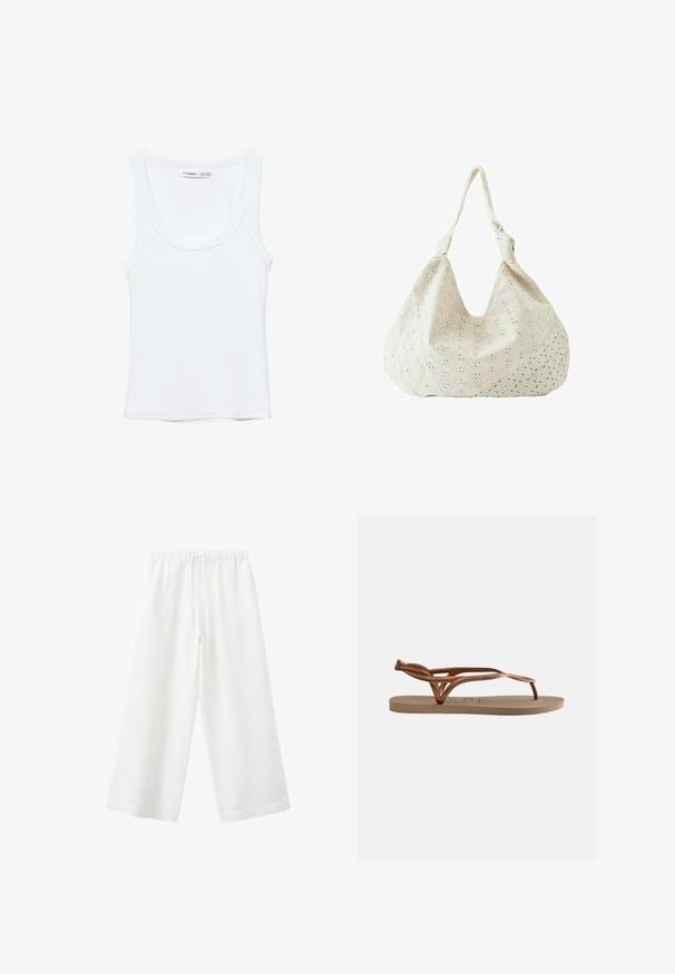 Débardeur blanc uni sans manches avec encolure arrondie, fabriqué en tissu doux, étiquette à l'intérieur du col indiquant la marque et la taille.; Pantalon blanc à jambes larges avec ceinture élastique et cordon de serrage, fabriqué en tissu léger, adapté à une tenue décontractée.; Sandale plate avec semelle beige et lanières tressées métalliques couleur or rose, dotée d'une bride entre les orteils et d'une bride à la cheville pour un maintien sûr.; Sac à épaule en tissu couleur crème avec broderie florale à œillets et une seule bandoulière souple.