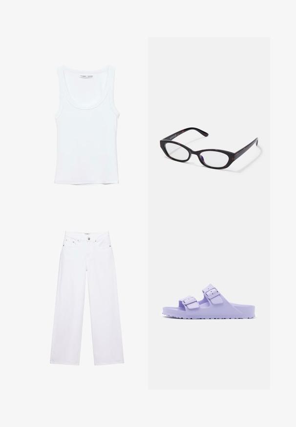 Effen witte mouwloze tanktop met ronde hals, gemaakt van zachte stof, met een label aan de binnenkant van de kraag dat merk en maat aangeeft.; Witte jeans met hoge taille en wijde pijpen, voorzien van knoop- en ritssluiting, voor- en achterzakken, en zilverkleurige klinknageldetails.; Paarse hars sandalen met twee verstelbare banden, voorzien van een matte afwerking en een geëxtraheerde zool. Lichtgewicht ontwerp geschikt voor casual gebruik.; Cat-eye zonnebril met een glanzend donker tortoise-shell plastic frame, uitgerust met gebogen armen en heldere lenzen. Minimale branding aan de zijkant.