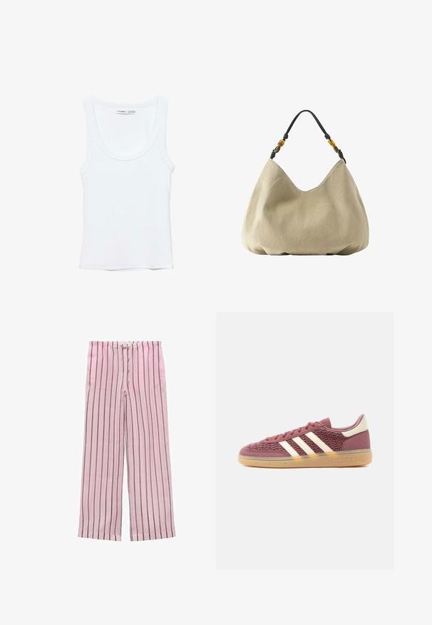 Débardeur blanc uni sans manches avec encolure arrondie, fabriqué en tissu doux, étiquette à l'intérieur du col indiquant la marque et la taille.; Pantalons larges à rayures roses avec des rayures verticales noires et grises. Fabriqués en tissu léger, dotés d'une taille élastique pour plus de confort.; Baskets basses Adidas mauves avec texture tissée, bandes blanches, renfort au talon et semelle extérieure gomme translucide.; Sac hobo en tissu doux beige avec une poignée noire ornée de perles décoratives couleur ambre et olive.