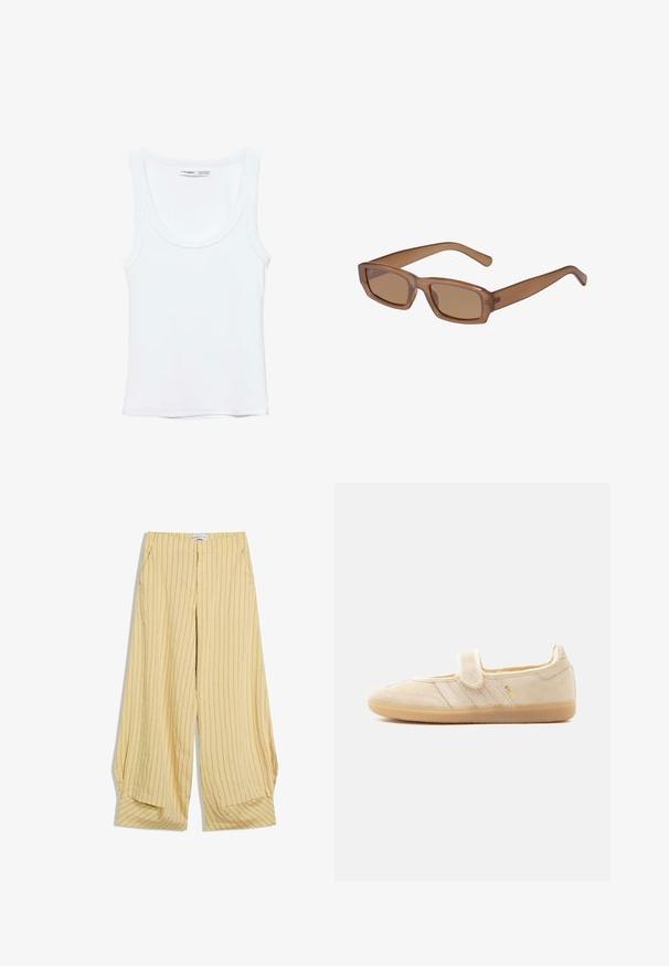 Débardeur blanc uni sans manches avec encolure arrondie, fabriqué en tissu doux, étiquette à l'intérieur du col indiquant la marque et la taille.; Pantalon beige à jambes larges avec fines rayures verticales brunes, poches latérales et taille haute, étalé à plat sur un fond blanc.; Baskets Mary Jane en daim beige avec sangle auto-agrippante, semelle en gomme, trois bandes cousues et marquage doré "SAMBA" sur le côté.; Lunettes de soleil brunes, rectangulaires, avec une monture transparente, des branches fines et des verres teintés, offrant une texture lisse et un design moderne.