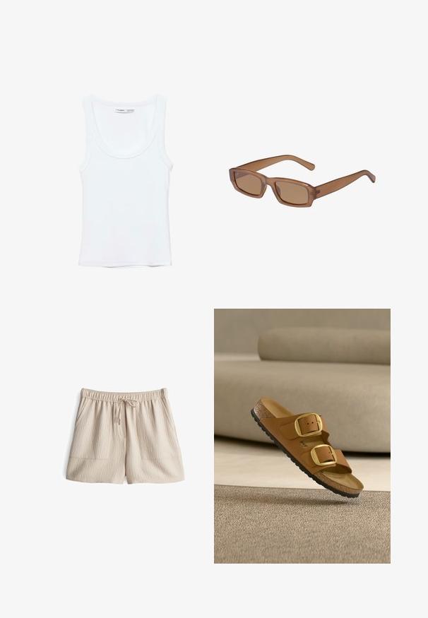 Schlichtes weißes ärmelloses Tanktop mit Rundhalsausschnitt, aus weichem Stoff, Etikett im Kragen zeigt Marken- und Größenangaben.; Beige Shorts mit elastischem Bund und Kordelzug, aus strukturiertem Stoff mit zwei Fronttaschen. Mittlere Oberschenkel-Länge.; Braune Sandale mit zwei großen goldenen Schnallen und Korksohle, die über einem beigen Teppich und Sofa im Hintergrund schwebt.; Braune, rechteckige Sonnenbrille mit transparentem Gestell, schlanken Bügeln und getönten Gläsern, die eine glatte Textur und modernes Design aufweist.