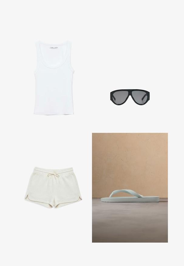 Débardeur blanc uni sans manches avec encolure arrondie, fabriqué en tissu doux, étiquette à l'intérieur du col indiquant la marque et la taille.; Shorts beige clair en tissu doux, dotés d'une ceinture élastique avec cordon de serrage, fentes latérales et détails subtils de couture.; Tongue en caoutchouc beige clair unique avec semelle texturée et bride en forme de Y sur un fond gris uni.; Lunettes de soleil aviateur noires oversize avec des verres teintés foncés, affichées sur fond blanc.