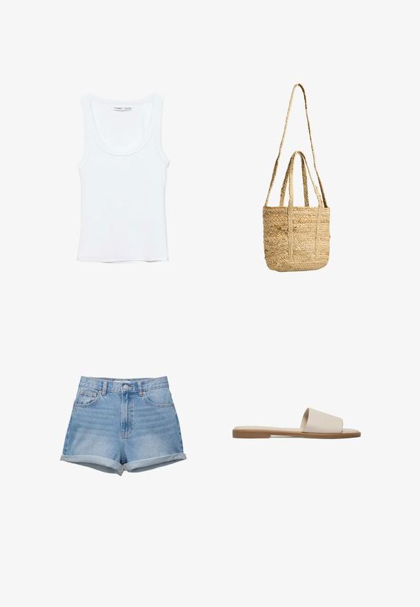 Effen witte mouwloze tanktop met ronde hals, gemaakt van zachte stof, met een label aan de binnenkant van de kraag dat merk en maat aangeeft.; Denim shorts in een lichtblauwe wastint, high-waisted met een knoopsluiting, vijf zakken en omgeslagen zoom. Gladde textuur, klassiek ontwerp.; Platte slide-sandaal met crèmekleurig leren bovenwerk en bruine zool, minimalistisch ontwerp, slip-on stijl, casual schoeisel.; Natuurlijk geweven stro draagtas met twee korte handvatten en een lange schouderriem, rechthoekige vorm, beige kleur, gestructureerd patroon.