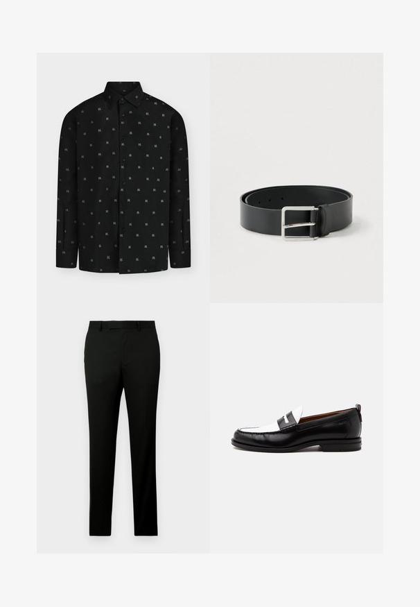 Camisa negra de manga larga con botones, con sutil estampado de logotipo "K" en gris, cuello puntiagudo y puños abotonados mostrada sobre un fondo blanco.; Pantalones negros con corte recto, fabricados en un tejido texturizado, con presillas para cinturón y bolsillos laterales. Diseño simple y limpio.; Mocasín de cuero blanco y negro con detalles cosidos, tacón bajo y diseño tipo slip-on, mostrado de lado sobre un fondo liso.; Cinturón de cuero negro con acabado liso, con una hebilla metálica plateada rectangular y múltiples agujeros para ajuste.