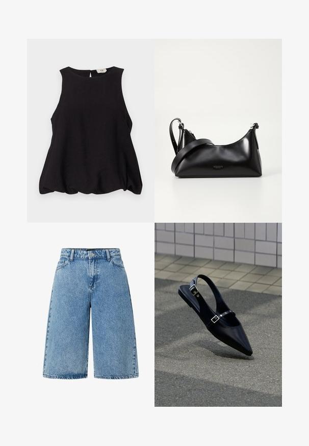 Sort ærmeløs top med rund halsudskæring, løs pasform og struktureret stof. Har en lille åbning bagpå og ingen synlige beslag.; Lysblå denimshorts med en bred skæring, standard fem-lomme design og et struktureret stof med en falmet finish.; Sort flad slingback med spids tå og dobbelte spænder, hvilende på grå asfalt nær flisevæg.; Sort læderhåndtaske med en glat tekstur. Har en justerbar stropp og et enkelt, minimalistisk design med lynlås.
