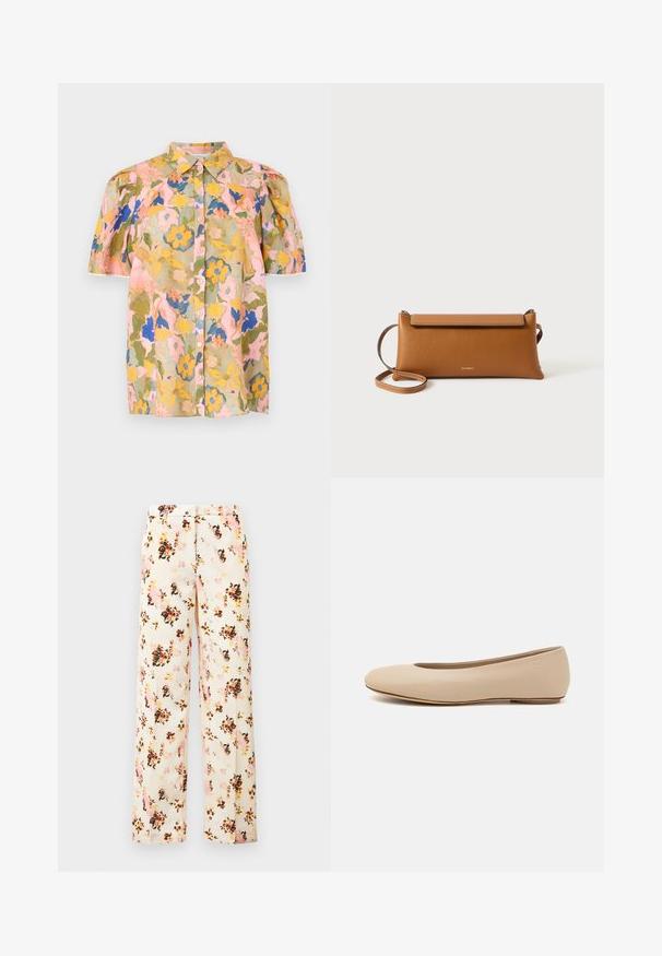 Kortærmet knap-bluse med gul, blå, pink og grøn blomsterprint og spids krave.; Blomstrede bukser med brede ben i cremefarvet, med en blanding af pink, orange og sorte blomster. Glat stof med en afslappet pasform og ingen udvendige lommer.; Beige læder balletflade med afrundet tå, minimal sømdetaljering, lav hæl og subtilt logo på bagsiden. Glat, mat tekstur.; Brun læder clutch taske, rektangulær form, tekstureret overflade, aftagelig rem, lynlås lukning, diskret logo præget på forsiden.