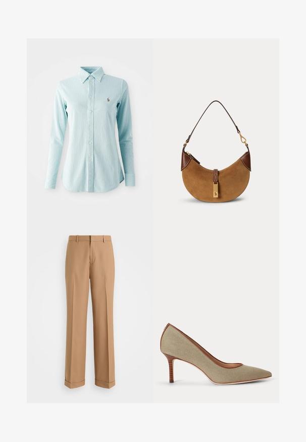 Camisa de botones a rayas azul claro con mangas largas, que presenta un cuello y un pequeño logo bordado en el lado izquierdo del pecho.; Pantalones beige ajustados con un diseño de pierna recta, confeccionados en una tela suave, con pliegue frontal y dobladillos enrollados en el bajo.; Zapato de tacón alto de punta beige con parte superior de tela texturizada y ribete marrón, con un tacón delgado apilado.; Bolso en forma de media luna de ante marrón con detalles en cuero marrón oscuro, herrajes dorados y una correa corta para el hombro.