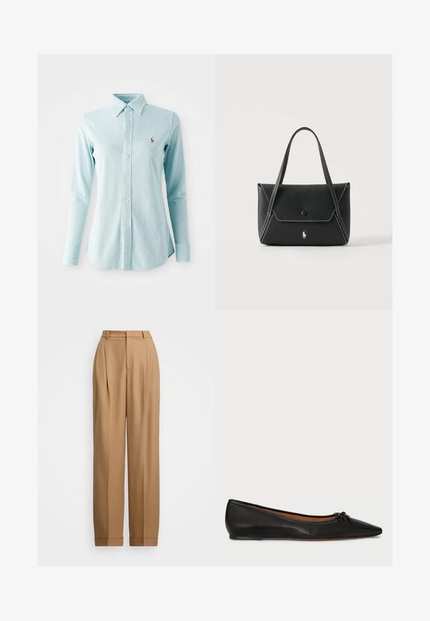 Hellblau gestreifte Hemd mit langen Ärmeln, mit Kragen und einem kleinen gestickten Logo auf der linken Brust.; Beige maßgeschneiderte Hose mit hoher Taille, gefalteter Vorderseite, schmal zulaufenden Beinen und aufgerollten Säumen. Glattes Material mit einer feinen Textur.; Schwarze Leder-Ballerinas mit spitzem Zeh, schlanker Silhouette und einem kleinen Schleifendetail an der Vorderseite. Glatte Textur und minimalistisches Design.; Schwarze Lederhandtasche mit zwei Griffen, Frontklappe mit Knopfverschluss, weißen Nähten und kleinem Pferdelogo auf schlichtem Hintergrund.