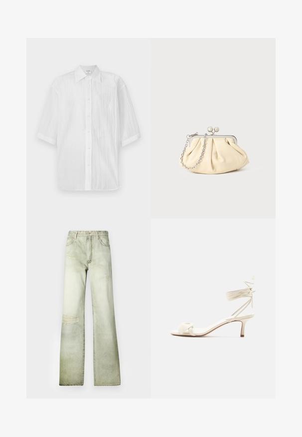 Witte short-sleeve button-up shirt, lichtgewicht met een gestructureerde stof, met een kraag en een rechte zoom, gelabeld met de merknaam.; Vervaagde groene denim jeans met een hoge taille, wijde pijp en versleten plekken. Voorzien van een knoopsluiting en vijf zakken.; Roomkleurige sandalen met lage hak, enkelriempjes en een brede gedraaide band over de tenen, op een effen witte achtergrond.; Geplooide beige leren clutch met een zilveren metalen frame, voorzien van twee ronde decoratieve sluitingen en een zilveren kettingriem.