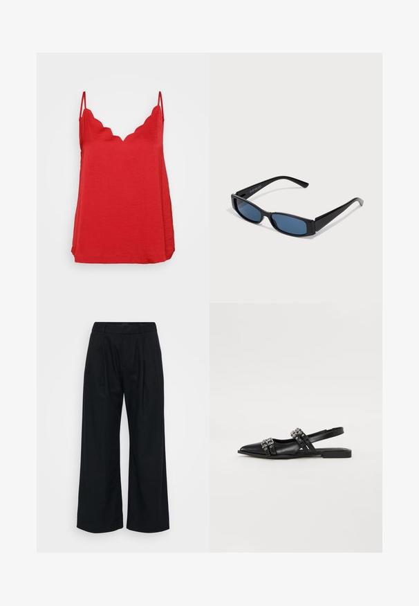 Top rojo sin mangas con escote ondulado, hecho de una tela ligera con apariencia texturizada y un corte holgado.; Pantalones de pierna ancha negros, hechos de un tejido suave, con un frente plano, pliegues visibles y una cinturilla con argollas para un cinturón.; Even&Odd by Zalando Bailarinas con tira trasera - black; Gafas de sol negras con una elegante montura rectangular y lentes azules. Presentan una textura suave y varillas resistentes. Logo de la marca en el costado.
