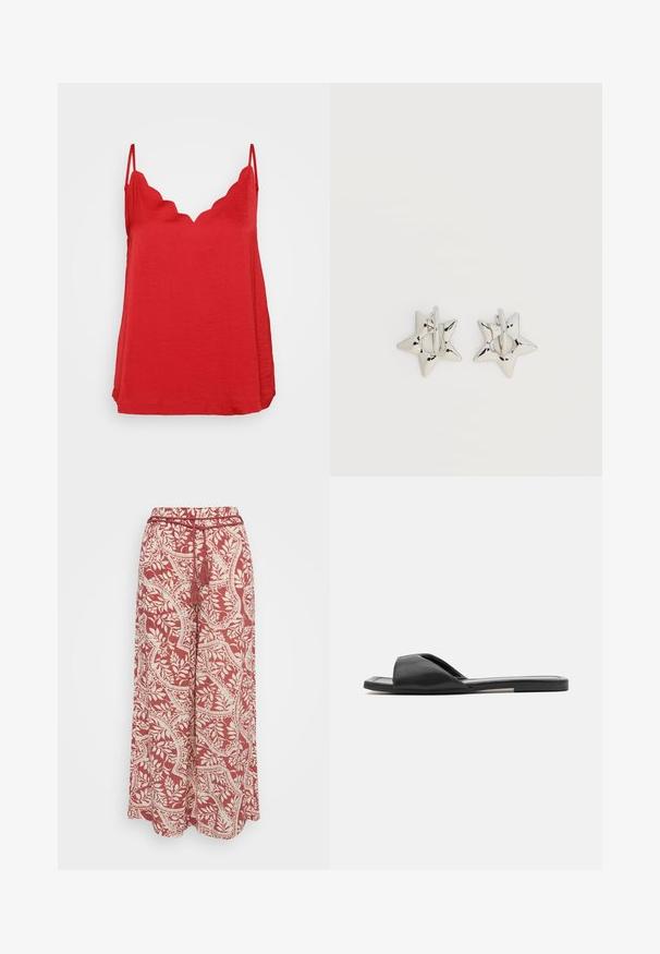 Červený bezrukávový top s vlnkovým výstrihom, vyrobený z ľahkej textílie s textúrovaným vzhľadom a voľným strihom.; Vero Moda Petite VMBALI WIDE PANTS - Nohavice - marsala; Čierne šľapky sú vyrobené z hladkého syntetického materiálu, majú otvorenú špičku a plochú podrážku s minimálnym akcentovým pruhom na boku.; Strieborné náušnice kruhy v tvare hviezdy s hladkým, lešteným povrchom na jednofarebnom bielom pozadí.