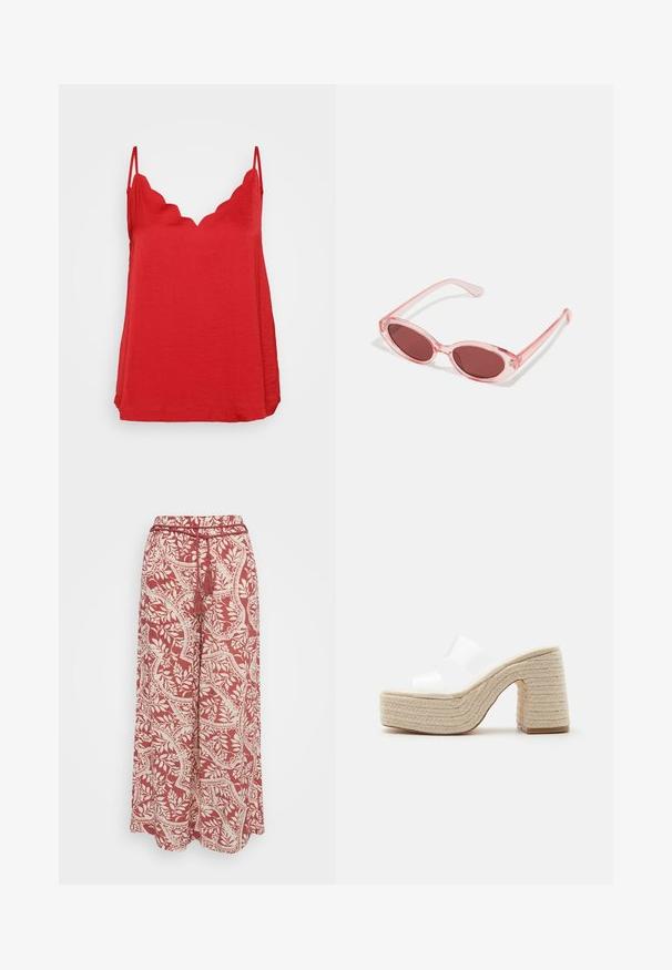 Červený bezrukávový top s vlnkovým výstrihom, vyrobený z ľahkej textílie s textúrovaným vzhľadom a voľným strihom.; Vero Moda Petite VMBALI WIDE PANTS - Nohavice - marsala; Platformová sandála s masívnym pleteným béžovým podpätkom a podrážkou, s dvoma širokými priehľadnými bielymi pásikmi cez nohu.; Ružové priehľadné slnečné okuliare s oválnymi šošovkami, tmavočerveným tónovaním a štíhlymi ramenami, so hladkým povrchom a jemnými detailmi na ráme.