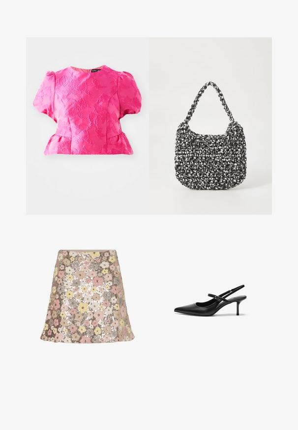 Roosa tekstuuriga pluus lühikeste puhvikeelega, peplum talje ja ümmarguse kaelusega. Omab broderi tüüpi mustrit ja tagumist lukuga sulgemist.; Lillelilleline sequin seelik, millel on laienev kuju. Värvid hõlmavad roosa, kollast, beeži ja halli, millel on tekstureeritud, sädelev pind.; Mustad nahast slingback-kontsad terava varba ja peene reguleeritava rihmaga, umbes 5 cm kõrguse stiletto-kontsaga, siledast tekstuurist.; Mustri kott musta ja valgega, ümar kuju, tekstureeritud pind ja punutud käepide. Sobib igapäevaseks kasutamiseks.