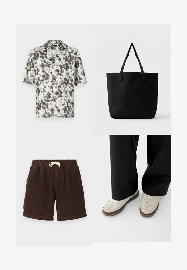 Chemise à manches courtes avec boutons en tissu léger, présentant une base blanche avec un motif abstrait en noir et gris, et un col à encoches.; Shorts en velours côtelé brun avec une taille élastique, une fermeture à cordon de serrage et des poches latérales. Le tissu présente un motif côtelé vertical et une finition texturée.; Pieds portant des baskets beige avec des semelles marron et un pantalon noir à jambes larges sur fond blanc.; Sac fourre-tout en toile noire avec deux bandoulières et un motif circulaire discret en relief sur le devant.
